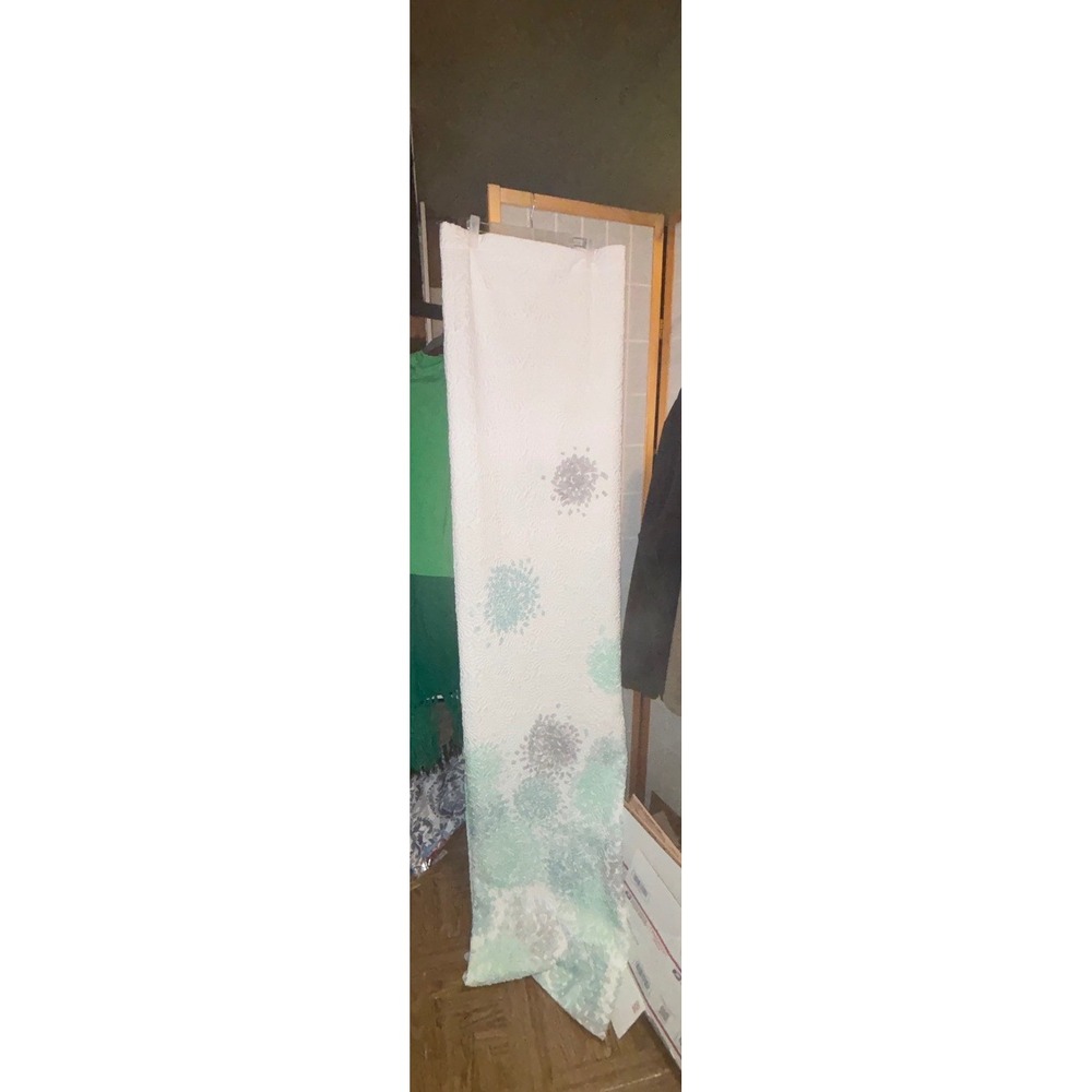 Textured White Shower Curtain with Seafoam Green and Grey Abstract Floral Burst